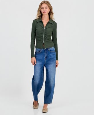 Juniors' Zip-Front Ribbed Knit Top
