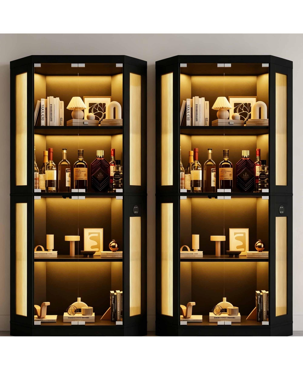 gaomon Set of 2 Hexagonal Corner Glass Display Cabinet - 4-Tier Curio with 3-Color Led Lights