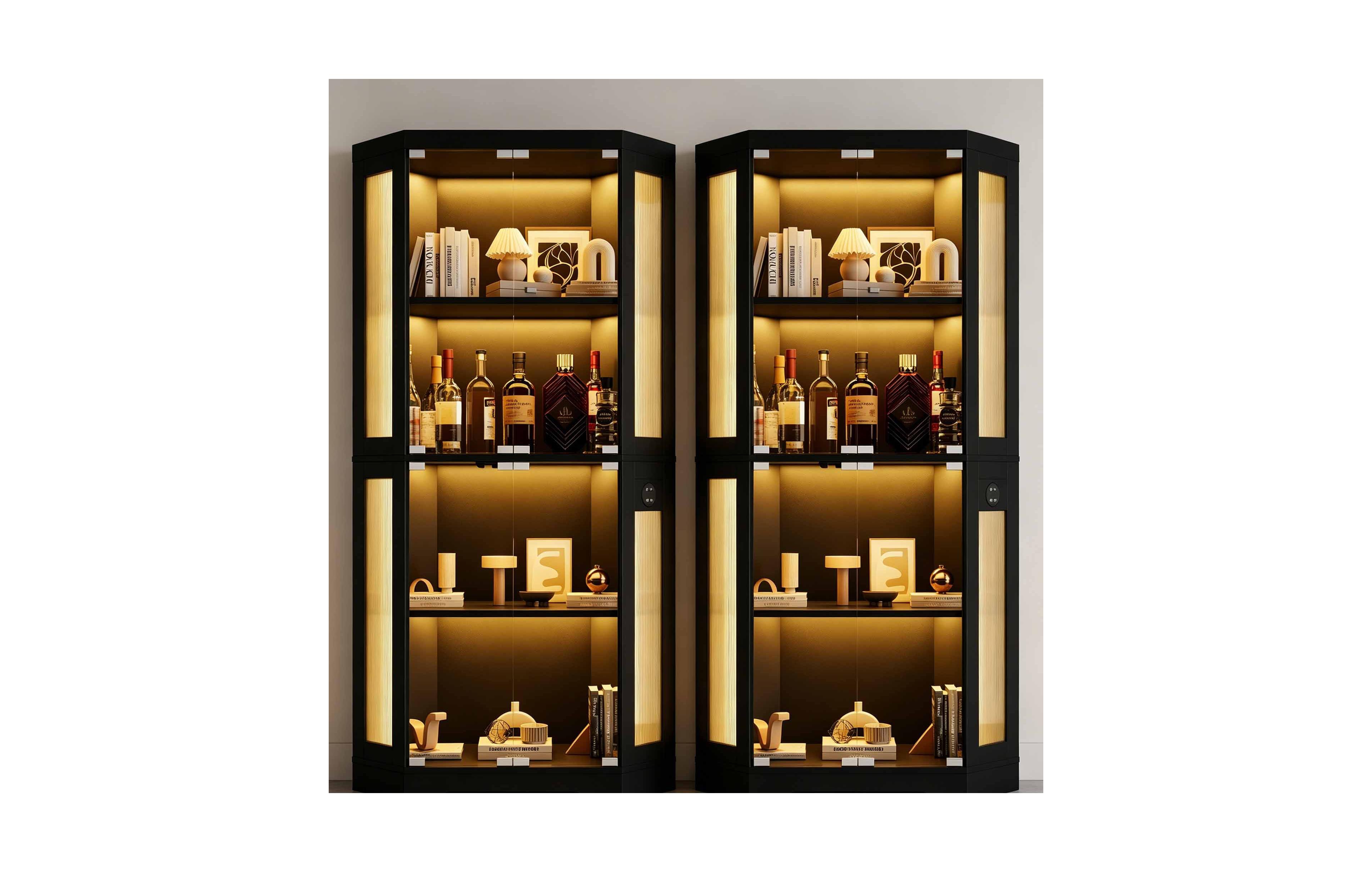 gaomon Set of 2 Hexagonal Corner Glass Display Cabinet - 4-Tier Curio with 3-Color Led Lights, Smart Sensor and Charging Ports