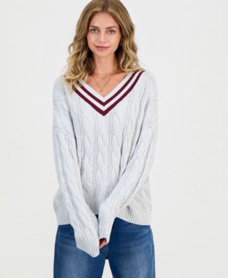 Juniors' V-Neck Varsity Cable-Knit Sweater