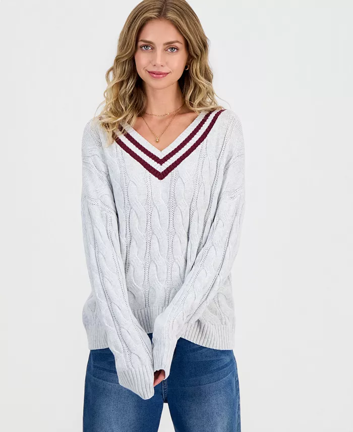 Juniors' V-Neck Varsity Cable-Knit Sweater