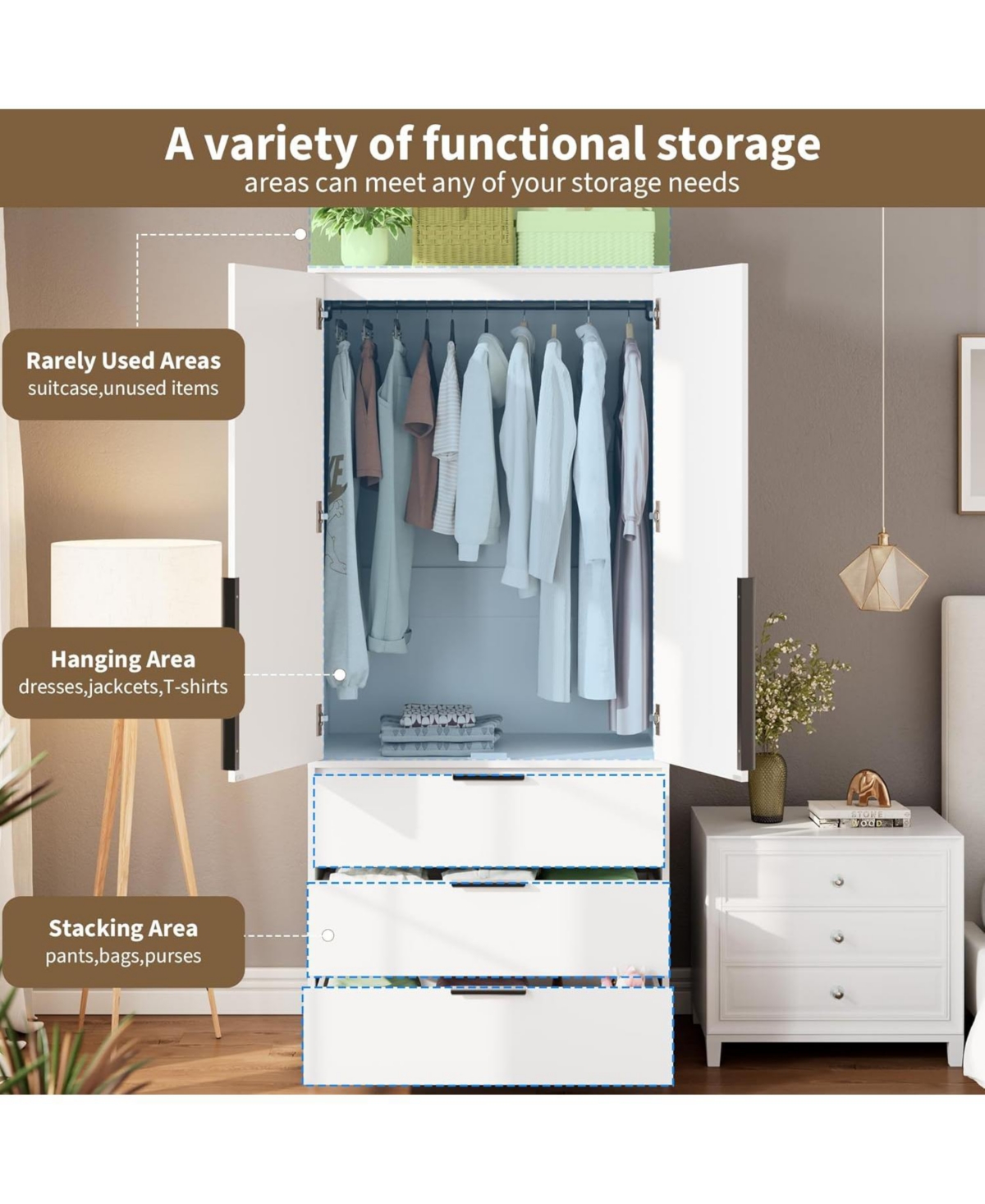 gaomon Armoire Wardrobe Closet, 69.5 inch Wooden Wardrobe Cabinet with 3 Drawers, Hanging Rod, 2 Doors Clothing Storage Cabinet for Bedroom