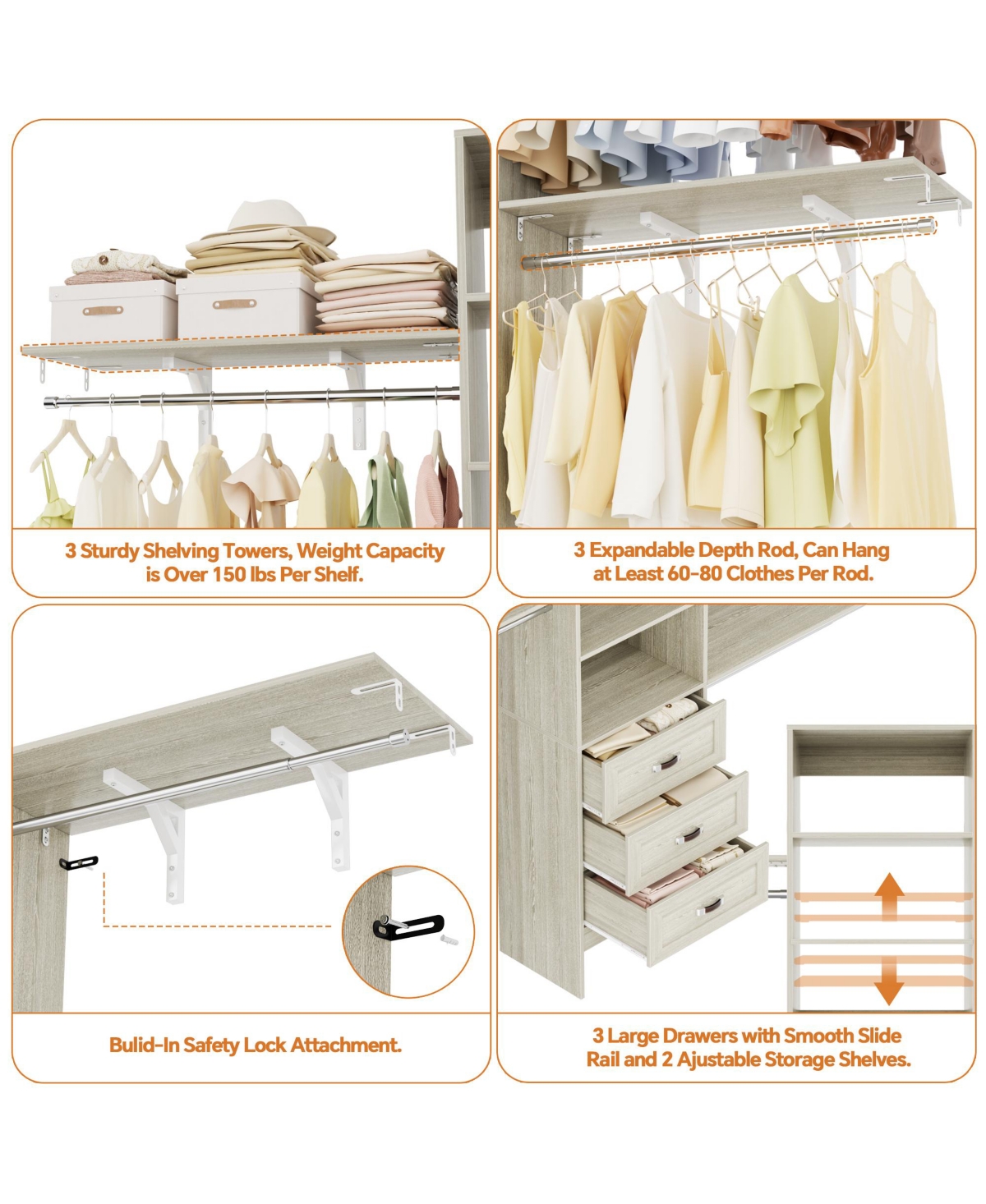 Aheaplus Closet Organizer System with Hanging Rods and Shelves, Wardrobe Drawers
