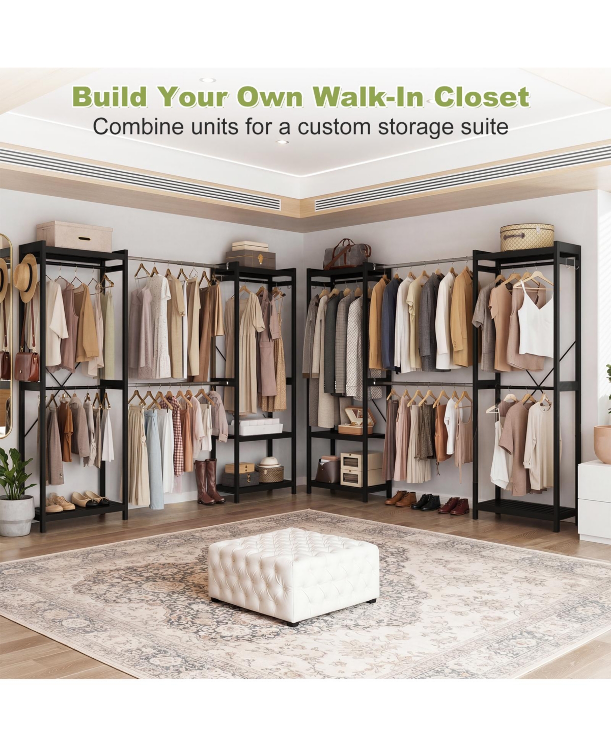 Aheaplus Bamboo Closet System with 5 Hanger Rods and Shelves, Expandable Clothing Rack