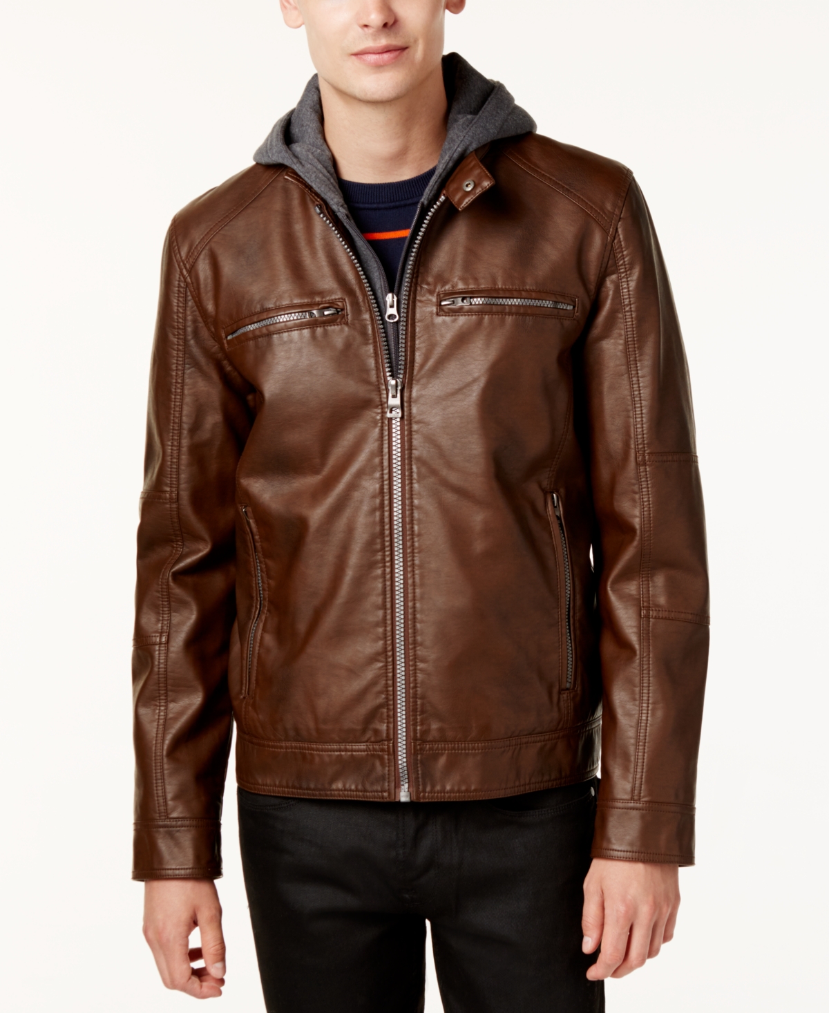 Guess leather jacket with hood mens deals