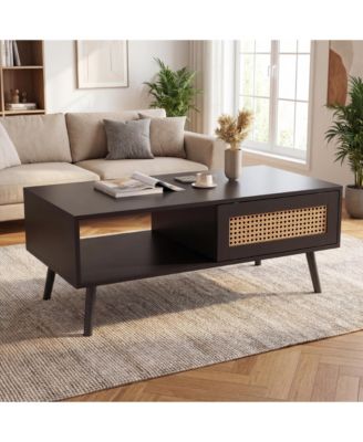 Rattan Coffee Table with Storage, Farmhouse Boho Center Sofa Table with Sliding Door and Open Shelf for Living Room, Bedroom