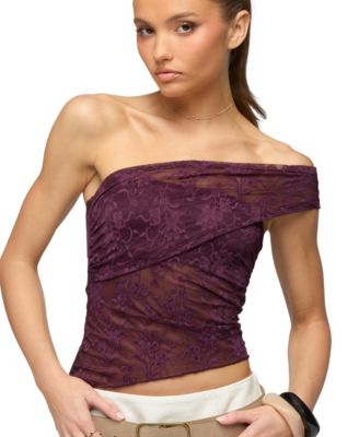 Women's Asymmetric One Shoulder Sheer Lace Top