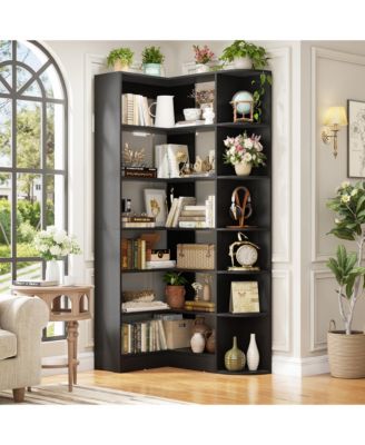 71" Tall 6-Tiers Corner Bookshelf with Open Storage, Wooden Display Shelves for Bedroom