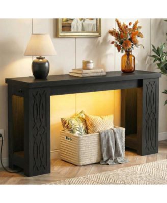 Wooden Console Table Sofa Table with Charging Station Entryway Table with LED Lights