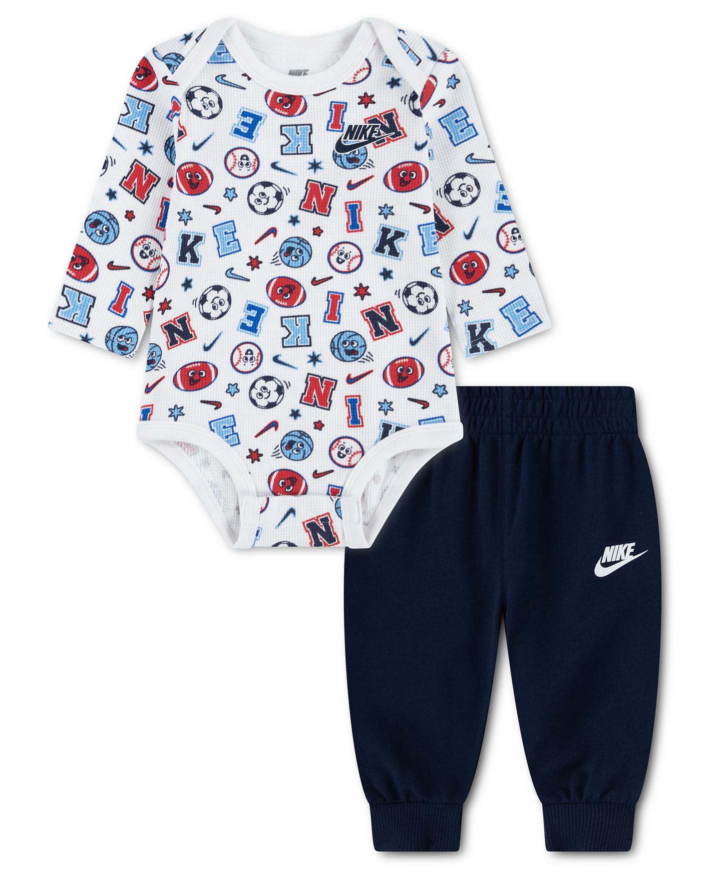 Детский комплект Nike для малыша: боди и брюки с принтом по всей поверхности, 2 предмета, цвет: Белый / Синий — фото 1