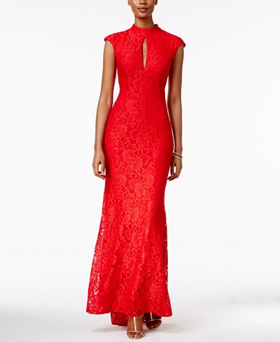 Betsy & Adam Cap-Sleeve Lace Gown