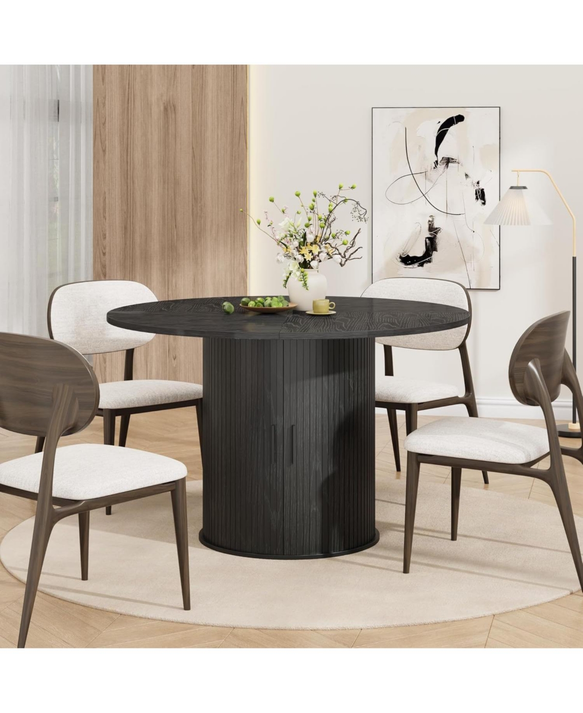homfan 47 Round Dining Table with Hidden Storage, Fluted Pedestal Base, Slide Door Shelf, Kitchen for 4, Only
