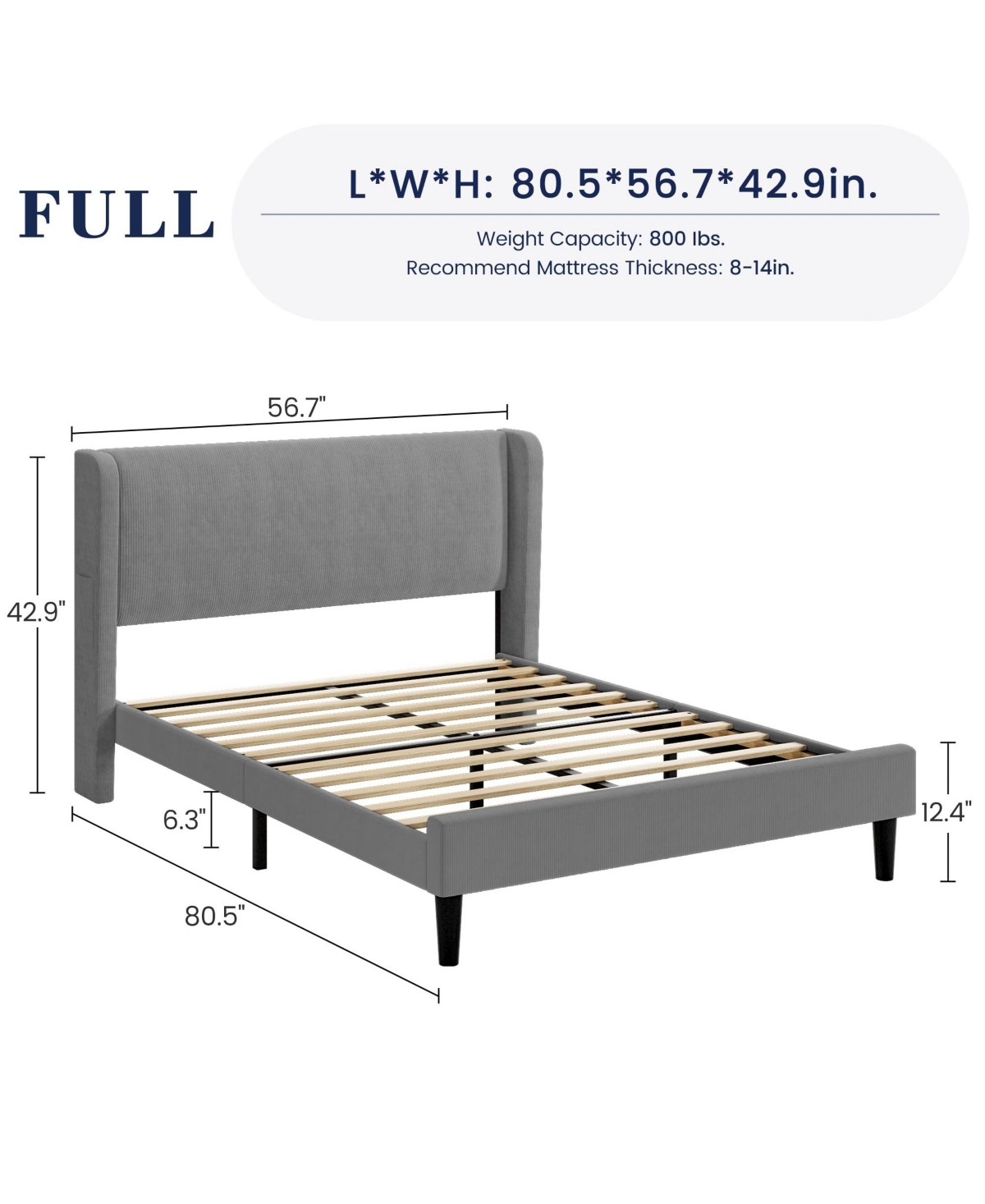 homfan Upholstered Platform Bed Frame with Wingback Headboard, 2 Storage Pockets, Wood Slat Support