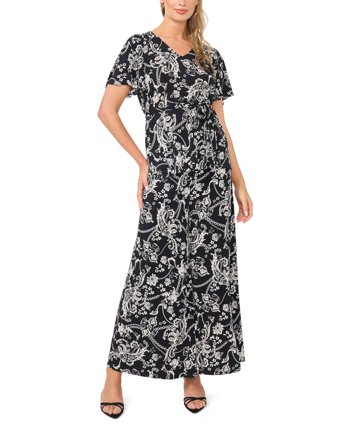 Женский топ Sam & Jess V-Neck Flutter-Sleeve Tunic Top, цвет: Чёрный с принтом — фото 2