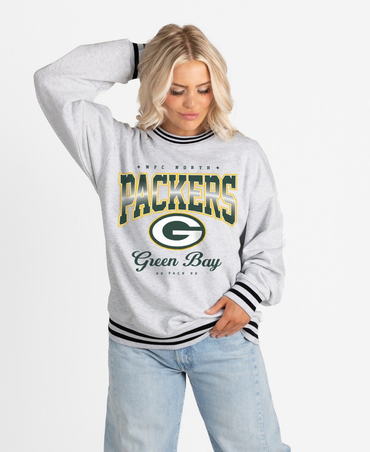 Gameday Couture Women's Ash/Black Green Bay Packers Oversized Gridiron Drive Ringer Stripe Sweatshirt