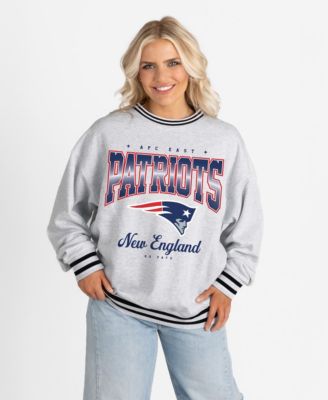 Women's Ash/Black New England Patriots Oversized Gridiron Drive Ringer Stripe Sweatshirt
