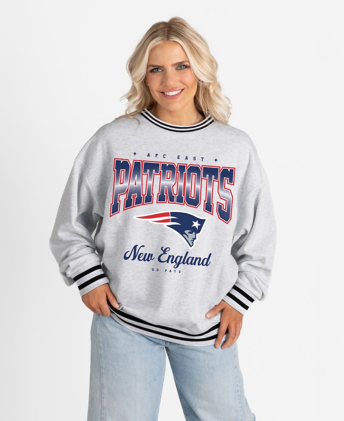 Gameday Couture Women's Ash/Black New England Patriots Oversized Gridiron Drive Ringer Stripe Sweatshirt