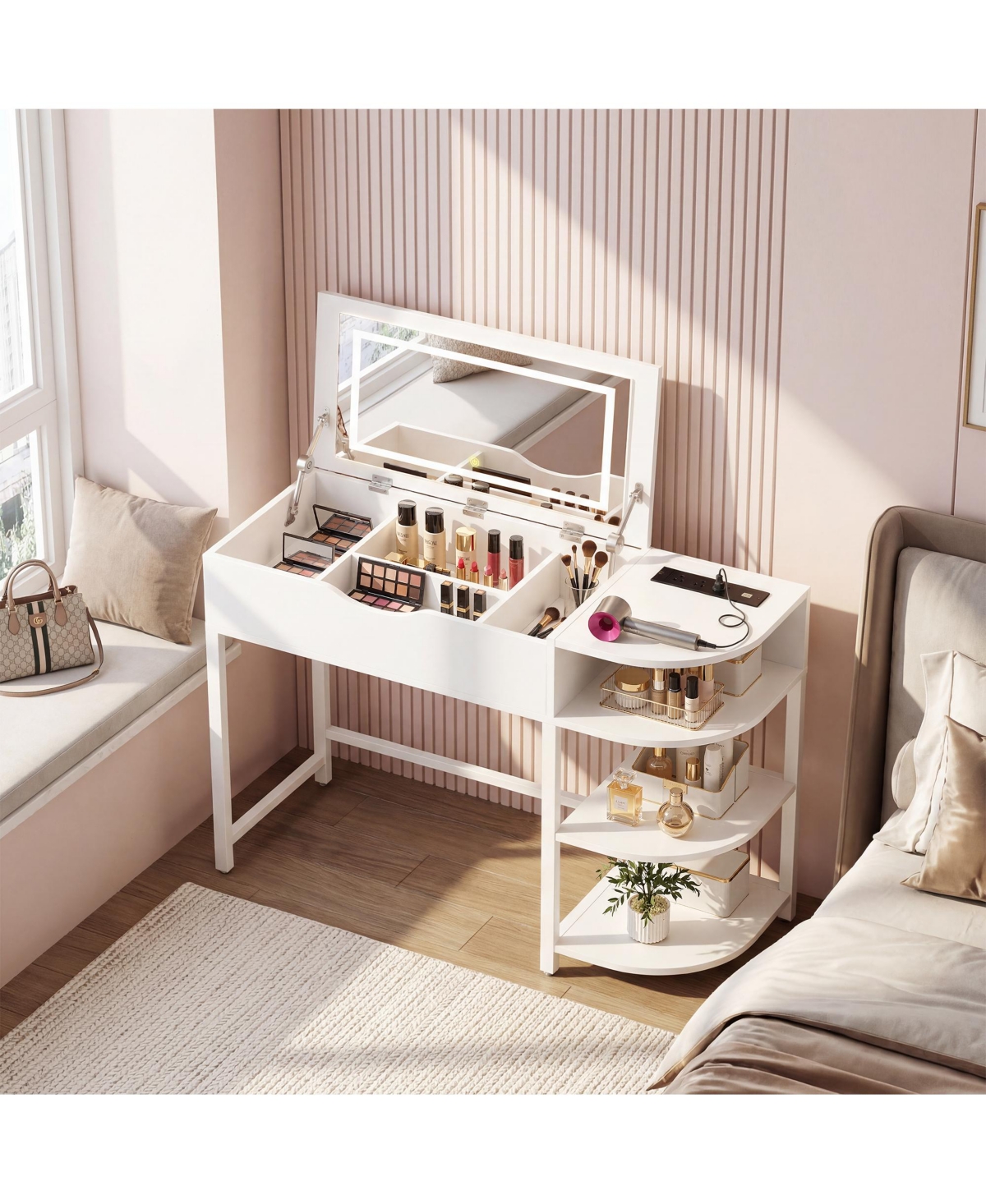 Aheaplus Flip-Top Makeup Dressing Table with mirror and Drawer, Small Vanity Desk with Charging Station