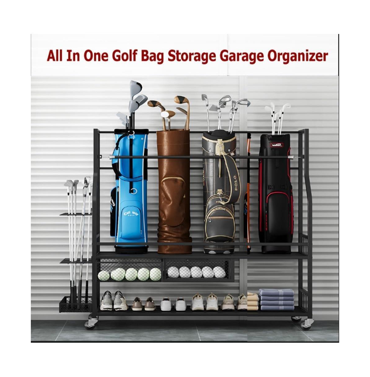 Xo Golf Bag Storage Rack with Wheels, Heavy Duty Golf Organizer for 4-5 Bags, Rolling Storage Cart for Garage Basement Golf Equipment