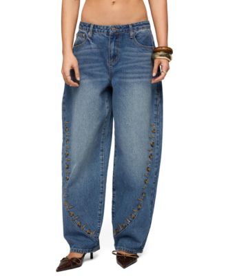 Womens Button Stitch Low Rise Barrel Jeans