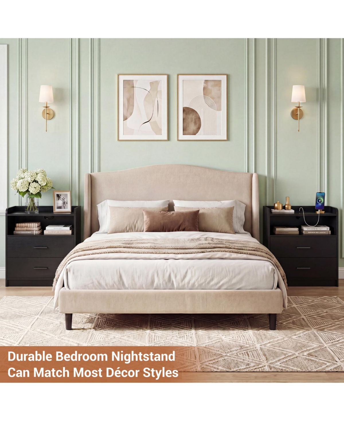 Aheaplus Nightstand with Charging Station, Sofa Side Table Drawers