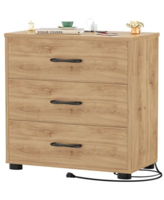 Wooden Nightstands with 3-Drawers, Stackable Dresser with Charging Station, End Table