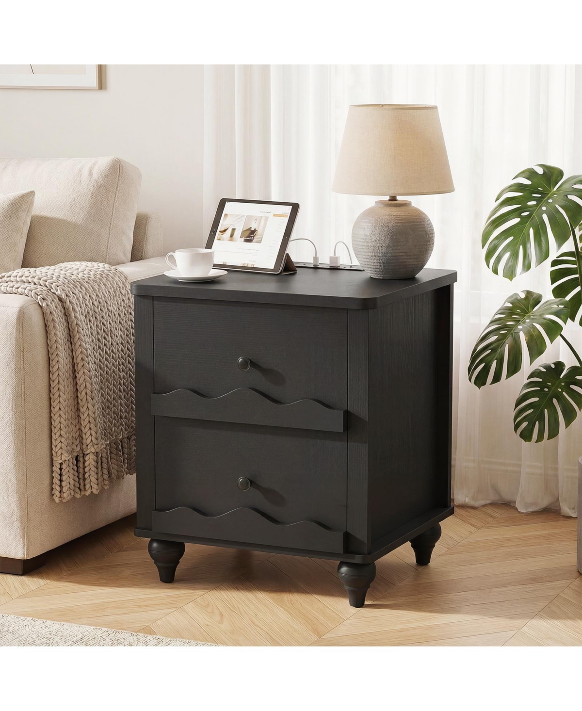 Aheaplus Wooden Nightstand with Charging Station, Storage Dresser 2 Drawers