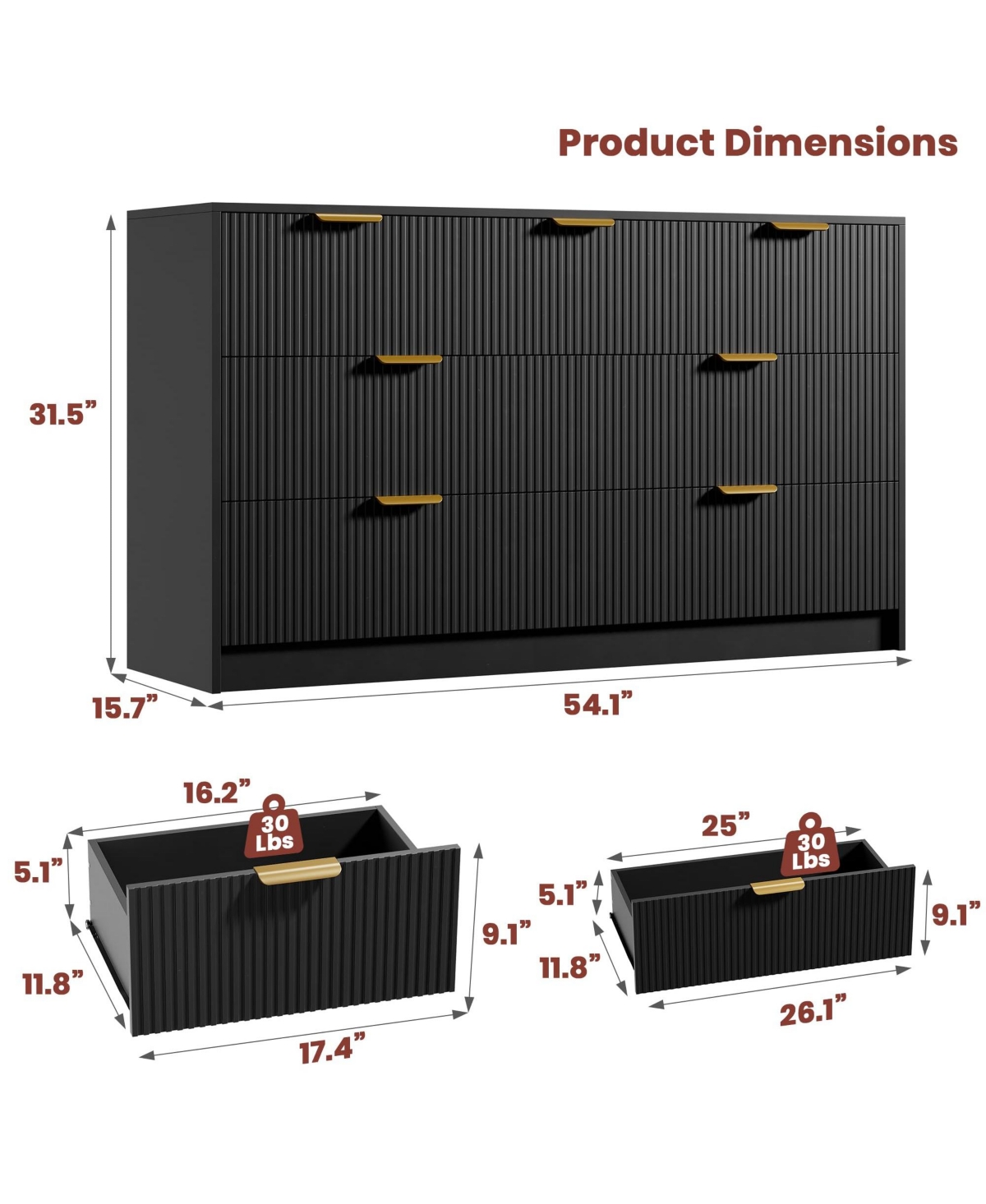 homfan Modern 7-Drawer Fluted Dresser, 54" Wide Chest with Metal Handles, Storage for Bedroom Living Room