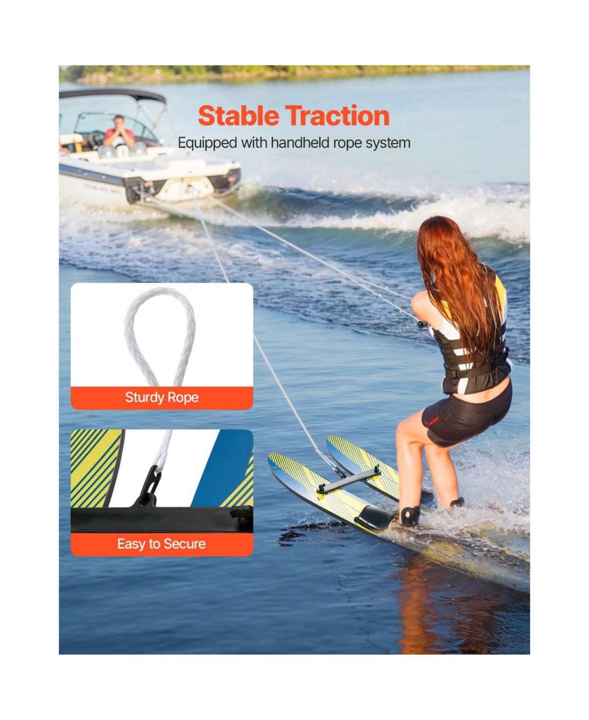 Hikeen Water Skis Kids Water Ski Trainers Adjustable Bindings Double Handle Rope and Removable Stabilizing Bar Training Waterskis