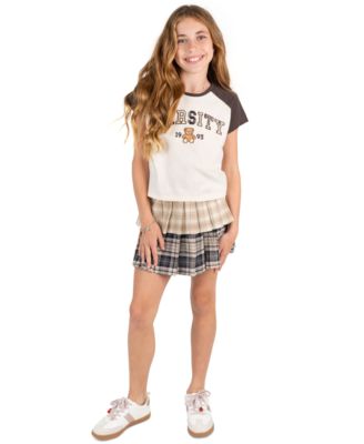 Girls' 7-12 Graphic Raglan T-Shirt, Mixed Plaid Tiered Skort and Necklace, 3-Piece Set