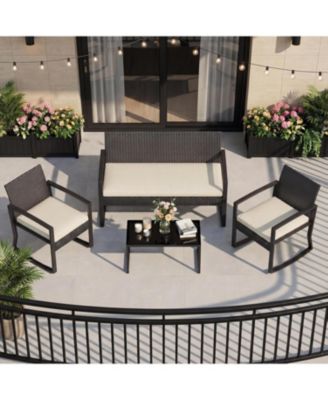 4 Piece PE Rattan Patio Furniture Set Outdoor Rocking Chair Conversation Set with Coffee Table and Soft Cushions All-Weather Wicker