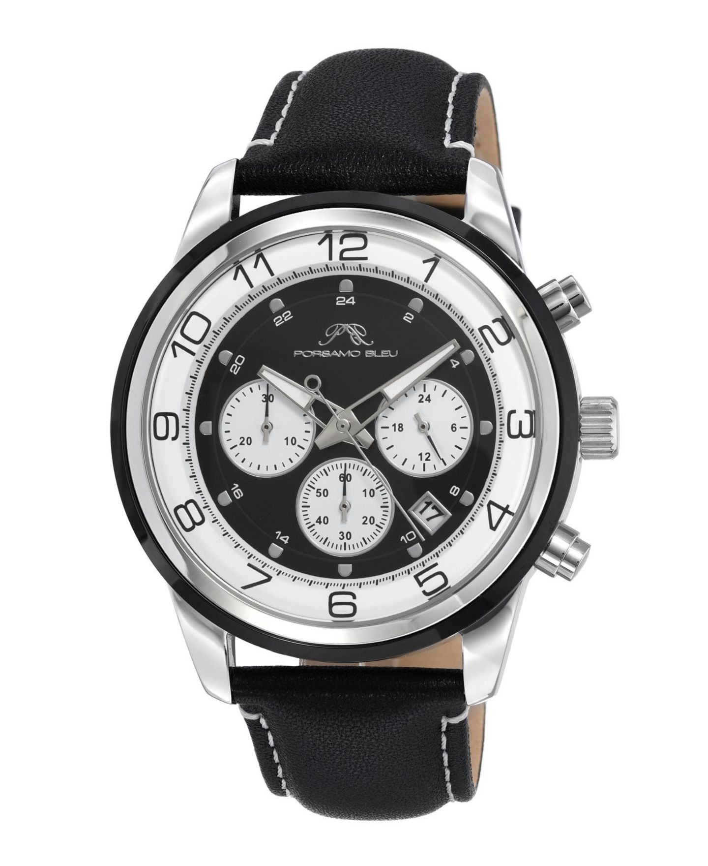 Мужские часы Porsamo Bleu Arthur Chronograph Black Genuine Leather Band Watch 44 mm — фото 1