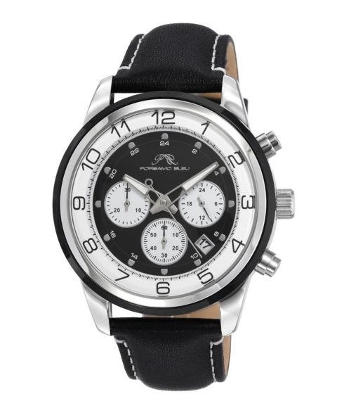 Мужские часы Porsamo Bleu Arthur Chronograph Black Genuine Leather Band Watch 44 mm