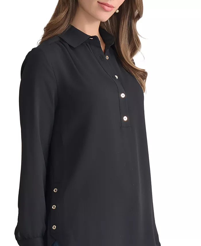 Long Sleeve Shirttail Side Button Popover Tunic - thumbnail 8
