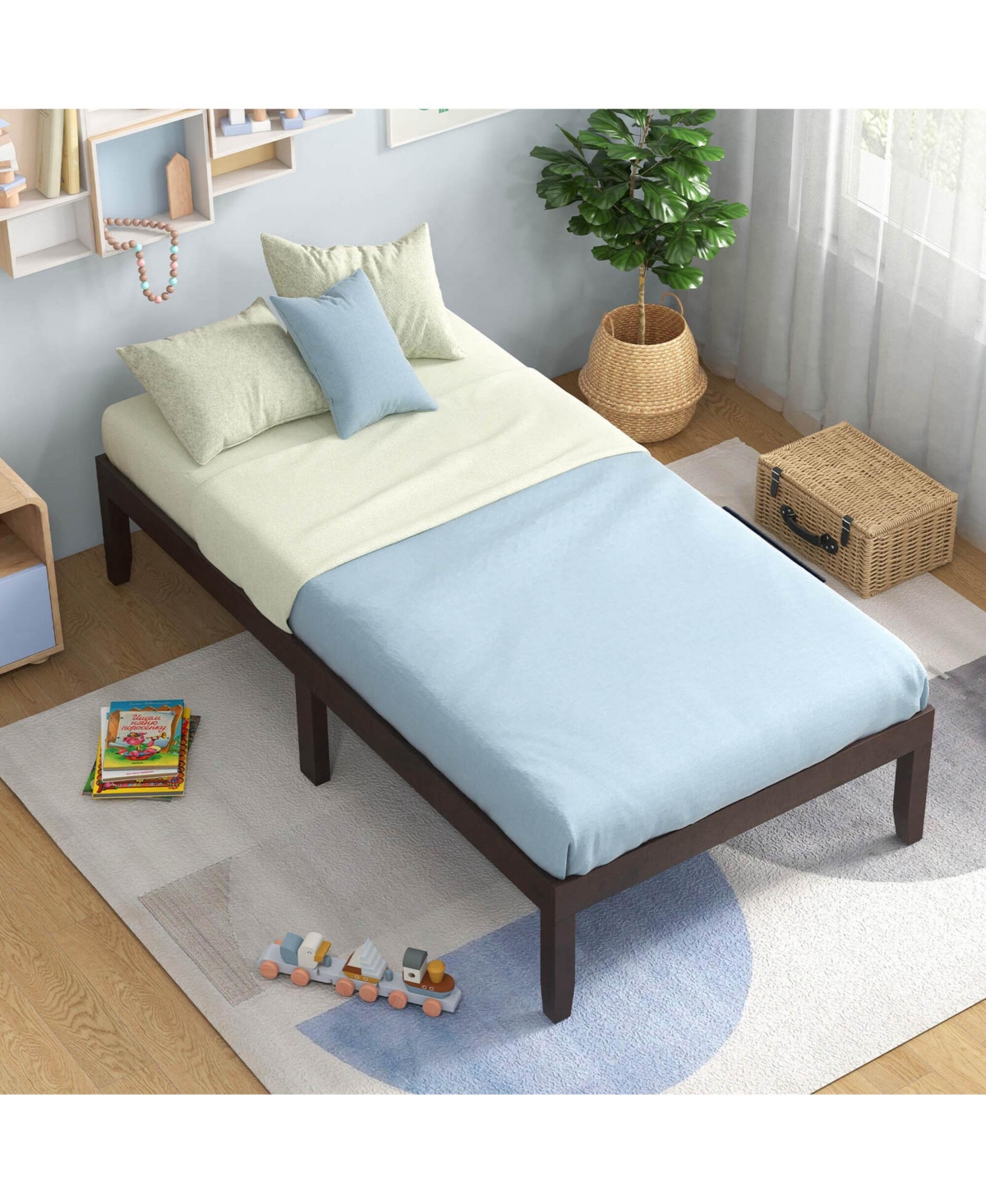 Costway Wooden Platform Bed Frame with Rubberwood Legs Under-Bed Storage