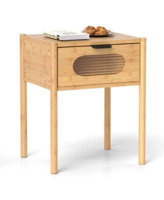 Bamboo Nightstand Farmhouse Bedside Table w/ Tempered Glass Decorated Drawer