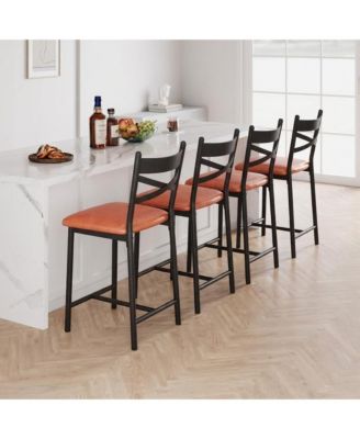 4-Pack Counter Height Bar Stools, Brown Upholstered Seats, Metal Frame, for Kitchen Island or Dining Room