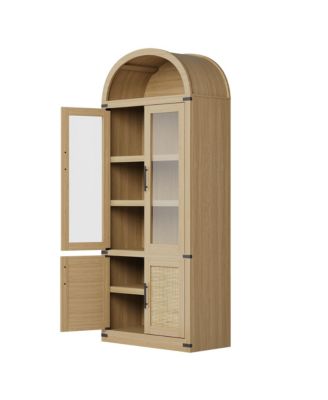 71.6" Farmhouse Arched Bookcase with Glass Doors and Rattan Accents, Tall Wood Storage Cabinet with 4-Tier Display Shelves for Living Room