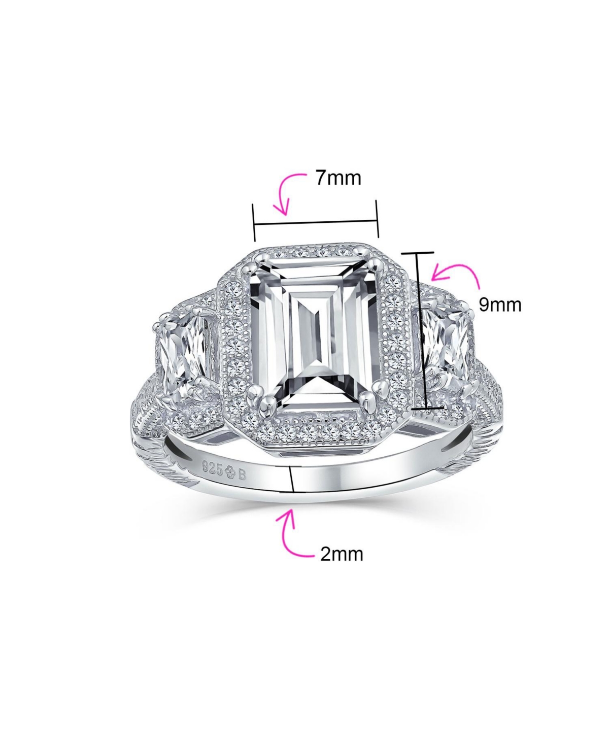 Bling Jewelry Art Deco Style Statement Engagement Ring 3CT Cz Cubic Zirconia Emerald Cut Baguette Sterling Silver