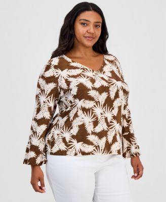 Plus Size Printed V-Neck Flounce Sleeve Jacquard Top, Macy's Exclusive