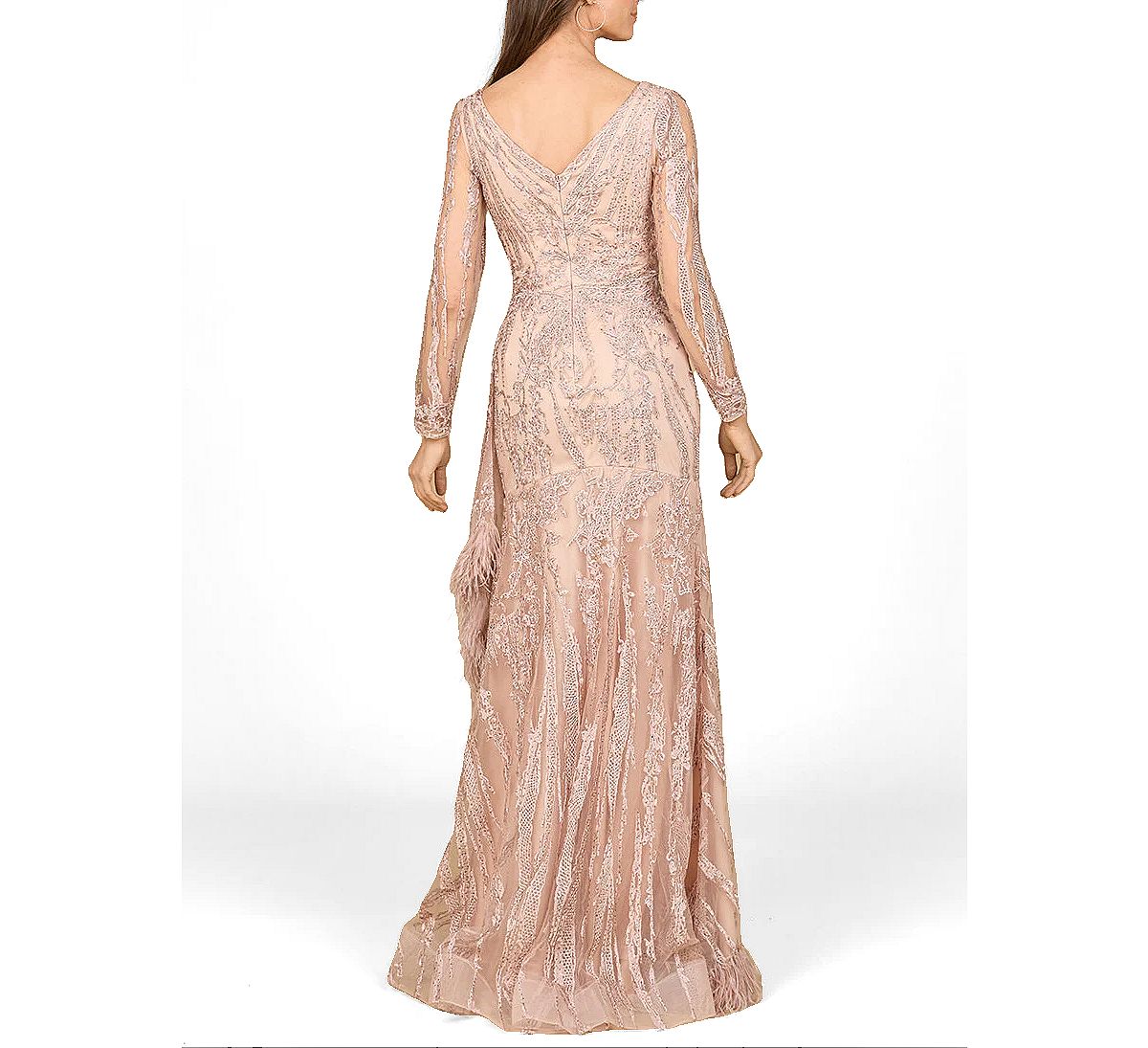 Lara Women's Long Sleeve V-Neck Lace Gown with Feathers view 2 — MAYCSS fashion products