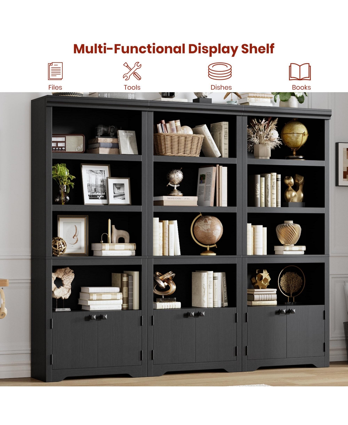 gaomon 5 Tier Farmhouse Bookshelf 69 Inch Tall with 2 Doors and Adjustable Shelves Anti-Slip Storage Rack for Home Office Living Room Library
