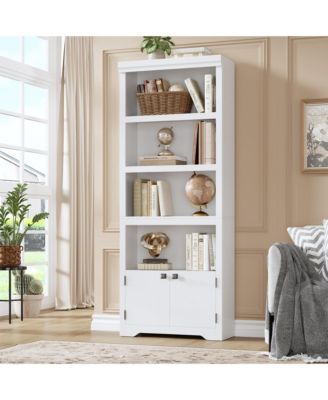 5 Tier Farmhouse Bookshelf 69 Inch Tall with 2 Doors and Adjustable Shelves Anti-Slip Storage Rack for Home Office Living Room Library