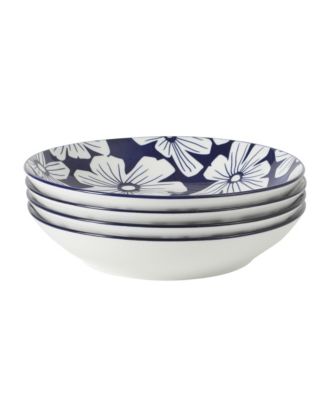 Heritage Sky 4-Piece Pasta Bowl Set, 8 Inch Round Stoneware Bowls, Floral Design, Decorative Everyday Use
