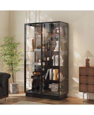 2-Door Sliding Glass Display Cabinet - Modern Wood and Aluminum Bookshelf with LED Lighting for Living Room or Office