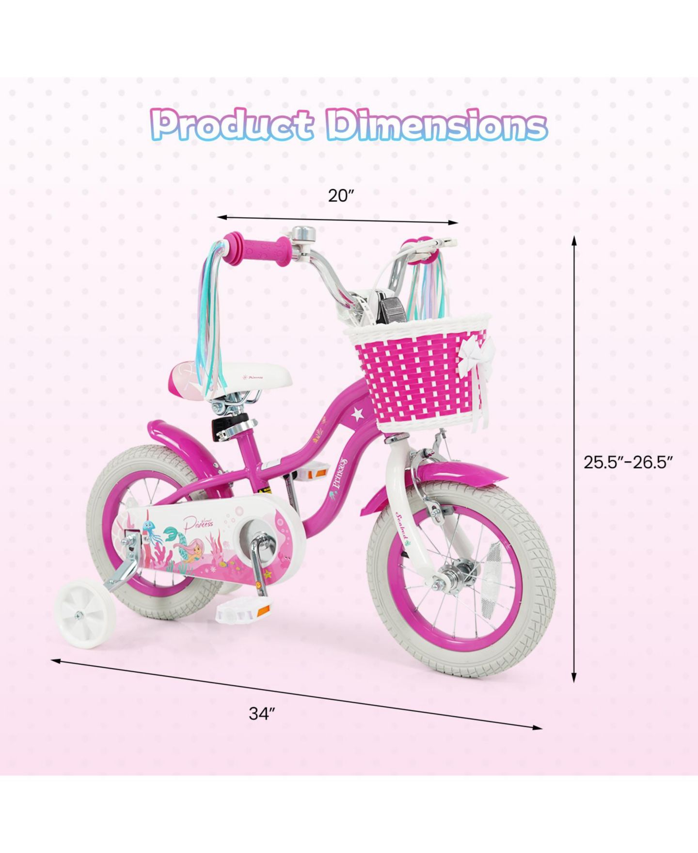 Детская игрушка Gymax Mermaid 12" Metal Kids Bike with Adjustable Seat and Removable Training Wheels, 110 lbs Capacity, Ages 3-4, цвет: Розовый — фото 3
