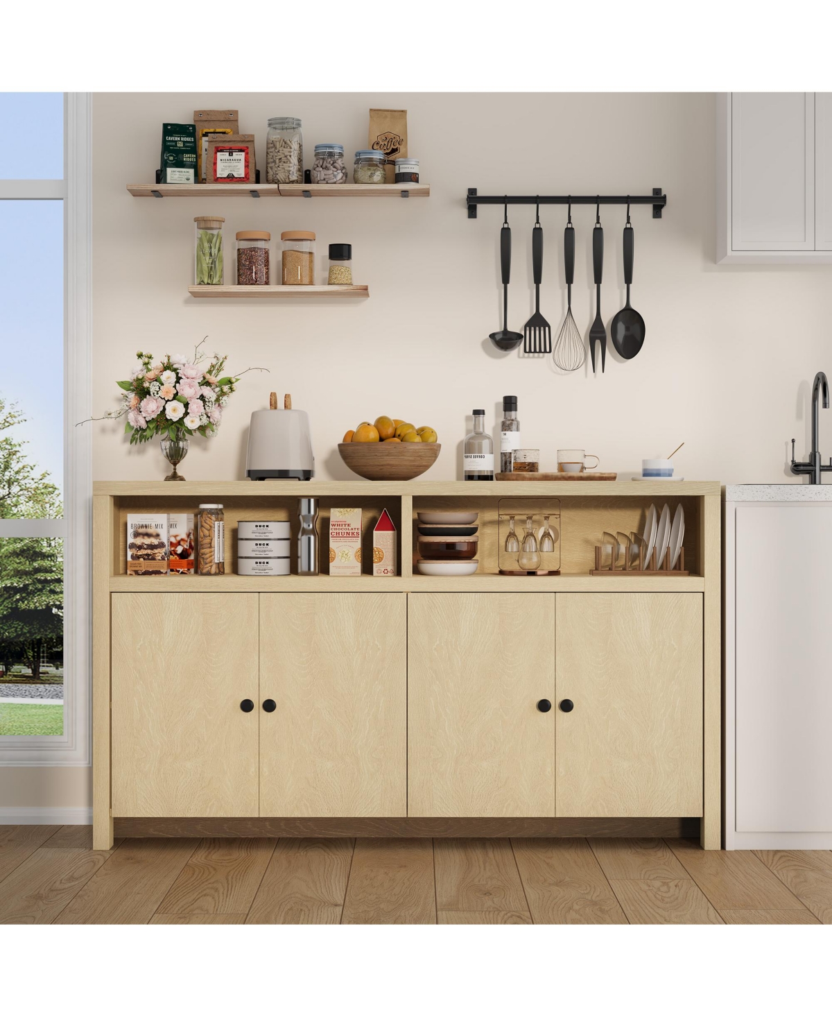 homfan Farmhouse Buffet Sideboard with Storage, 55 Inch Cabinet 4 Doors and Adjustable Shelves, Multi-Purpose Coffee Bar