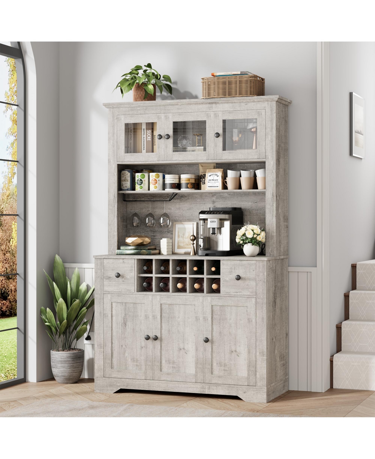 homfan 68.7 Inch Kitchen Pantry Cabinet with Led Lights and Charging Station, Large Hutch Wine Rack Adjustable Shelves