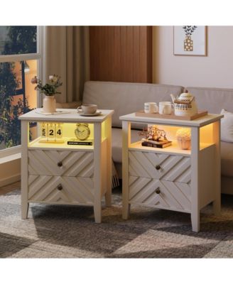 LED Nightstand with RGB Lights, 2 Drawers and Open Shelf, Farmhouse V-Accent End Table with Wood Legs, Set Options