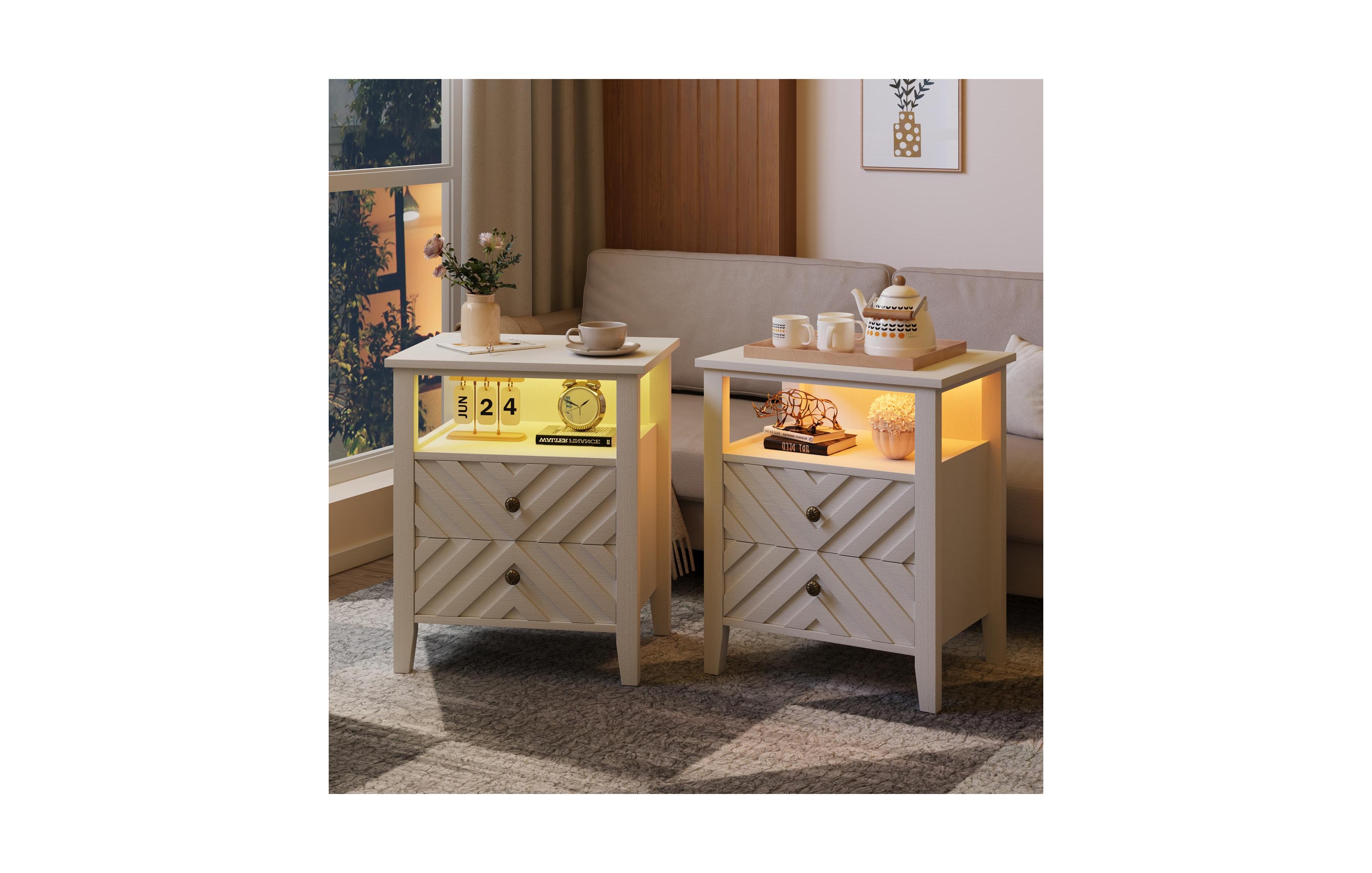 homfan Led Nightstand with Rgb Lights, 2 Drawers and Open Shelf, Farmhouse V-Accent End Table with Wood Legs, Set Options